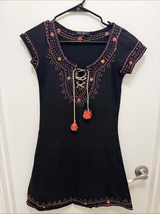 Betsey Johnson Dresses & Skirts - Vintage Betsey Johnson New York Embroidered Lace Up Mini Dress Black Floral